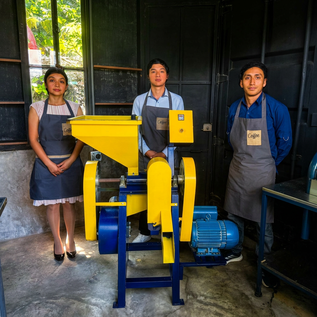 Team operating the coffee milling machinery at the farm
