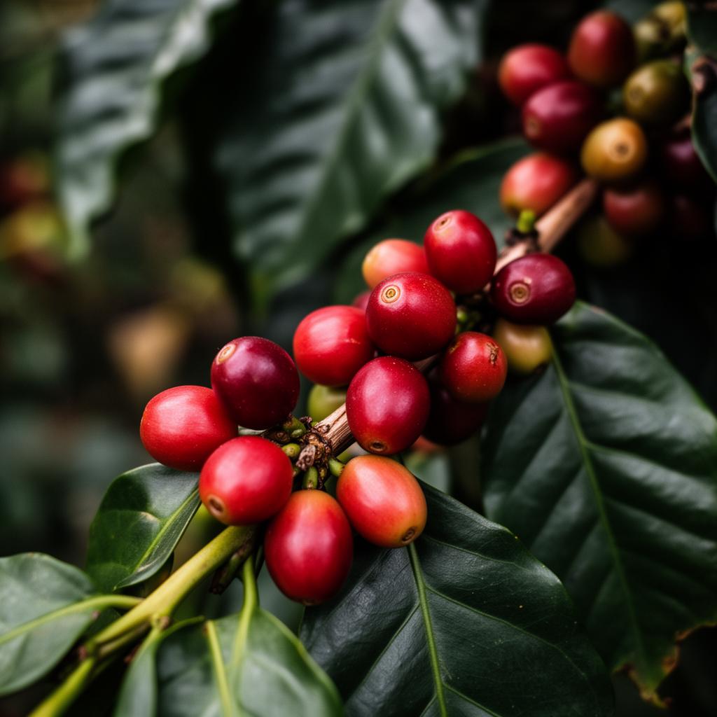 Ripe coffee cherries on the branch at Finca San Cayetano