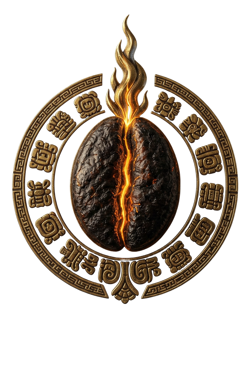 Fuego Maya emblem — obsidian coffee bean with a molten lava fissure and Mayan glyphs